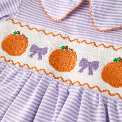 Girls Halloween Pumpkin Embroidery Lavender Stripes Dress
