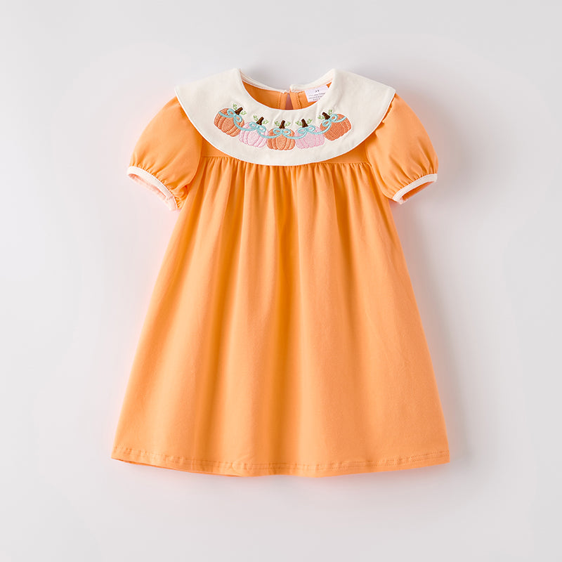 Girls' Halloween Orange Pumpkin Embroidery Dress