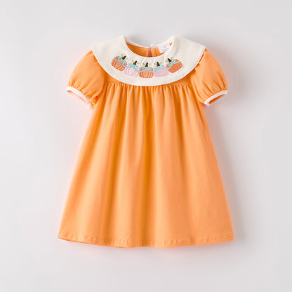Girls' Halloween Orange Pumpkin Embroidery Dress