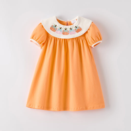 Girls' Halloween Orange Pumpkin Embroidery Dress