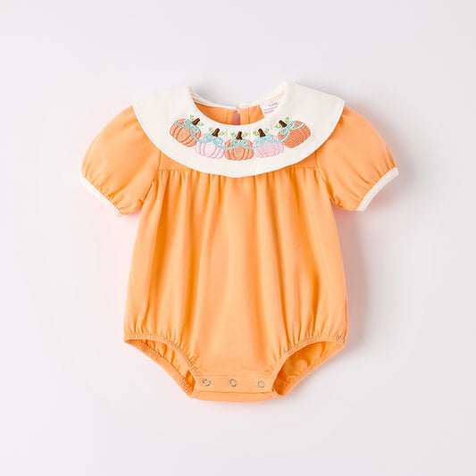 Baby Girls' Halloween Orange Pumpkin Embroidery Romper