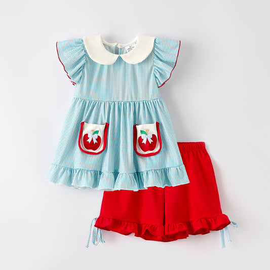 Girls Back To School Ruffled Apple Embroidery Short Set