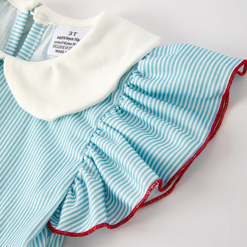 Girls Back To School Ruffled Apple Embroidery Short Set