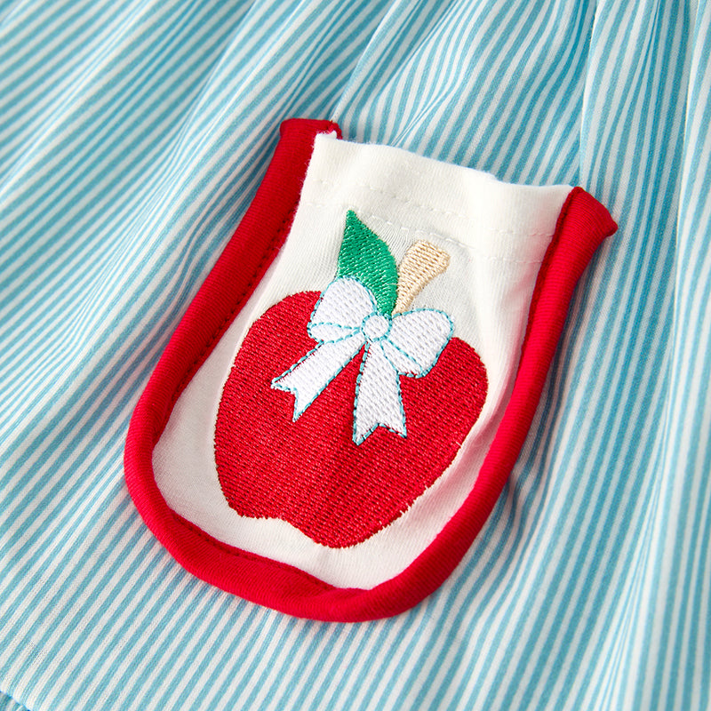 Girls Back To School Ruffled Apple Embroidery Short Set