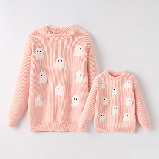Mommy And Me Girls Halloween Ghost Applique Pink Sweater