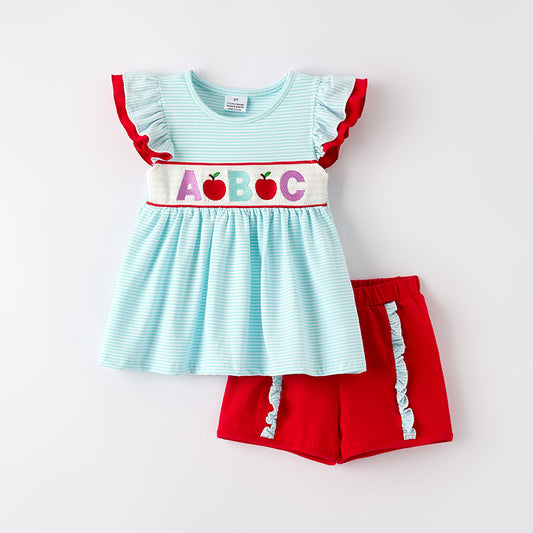 Girls Back To School ABC Apple Embroidery Smocked Short Set