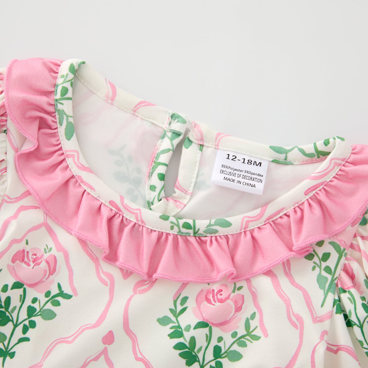 Baby Girls Pink Green Flower Bow Ruffled Bubble Romper