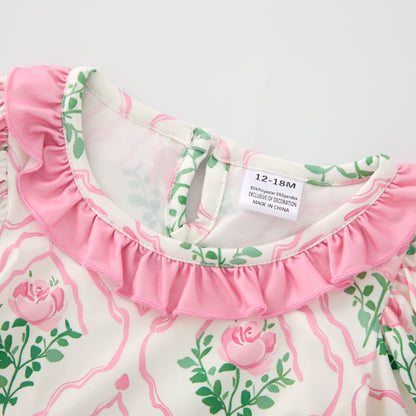 Baby Girls Pink Green Flower Bow Ruffled Bubble Romper
