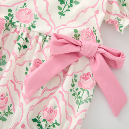 Baby Girls Pink Green Flower Bow Ruffled Bubble Romper