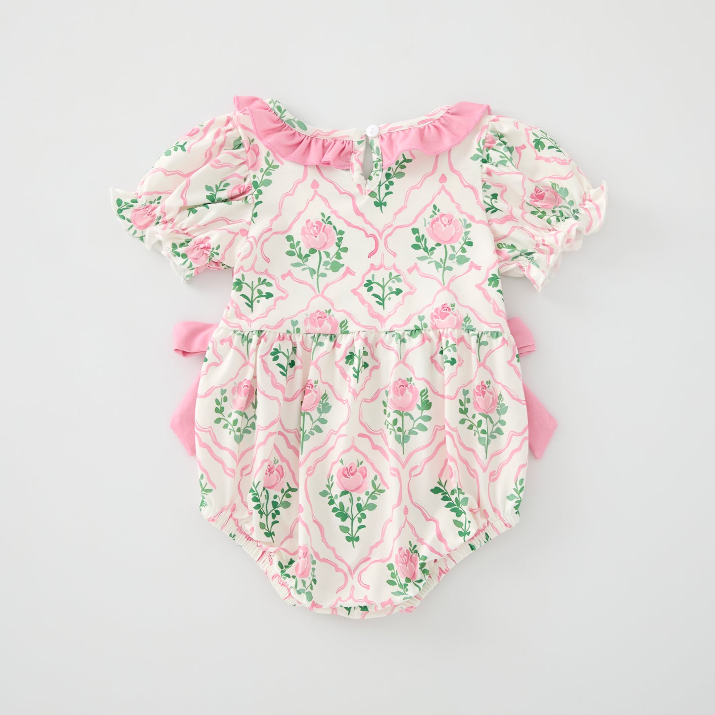 Baby Girls Pink Green Flower Bow Ruffled Bubble Romper