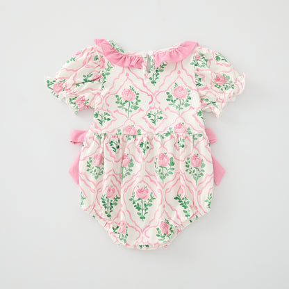 Baby Girls Pink Green Flower Bow Ruffled Bubble Romper