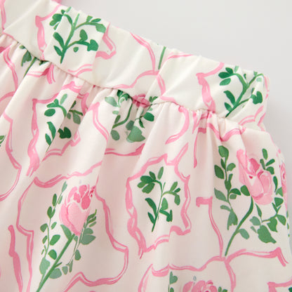 Girls Summer Pink Green Flower Print Slip Top Skirt Set
