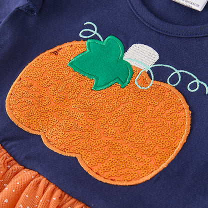 Girls Fall Halloween Pumpkin Sequins Apploqie Orange Tulle Dress