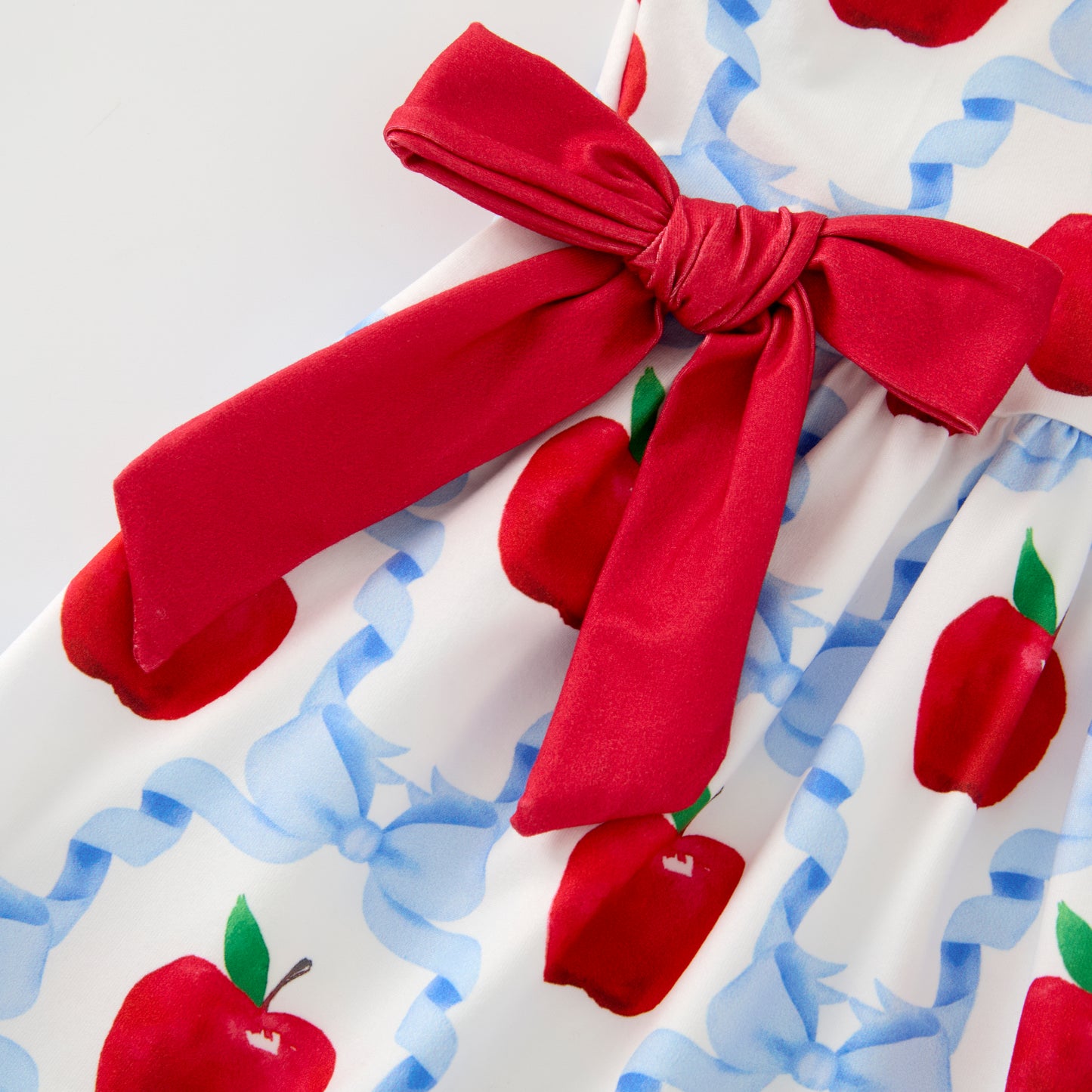Girls Back To School Red Blue Apple Bow Dress