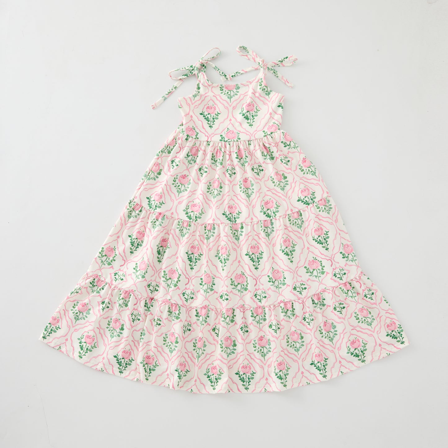 Girls Pink Green White Floral Print Slip Pacthwork Maxi Dress