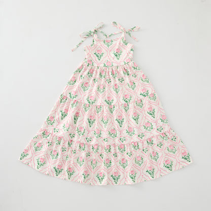 Girls Pink Green White Floral Print Slip Pacthwork Maxi Dress