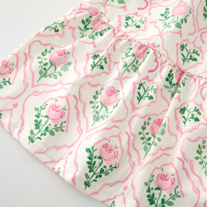 Girls Pink Green White Floral Print Slip Pacthwork Maxi Dress