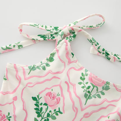 Girls Pink Green White Floral Print Slip Pacthwork Maxi Dress