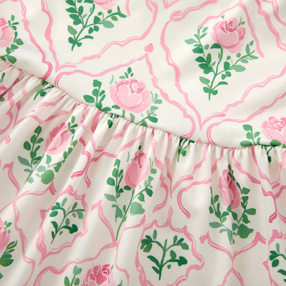 Girls Pink Green White Floral Print Slip Pacthwork Maxi Dress