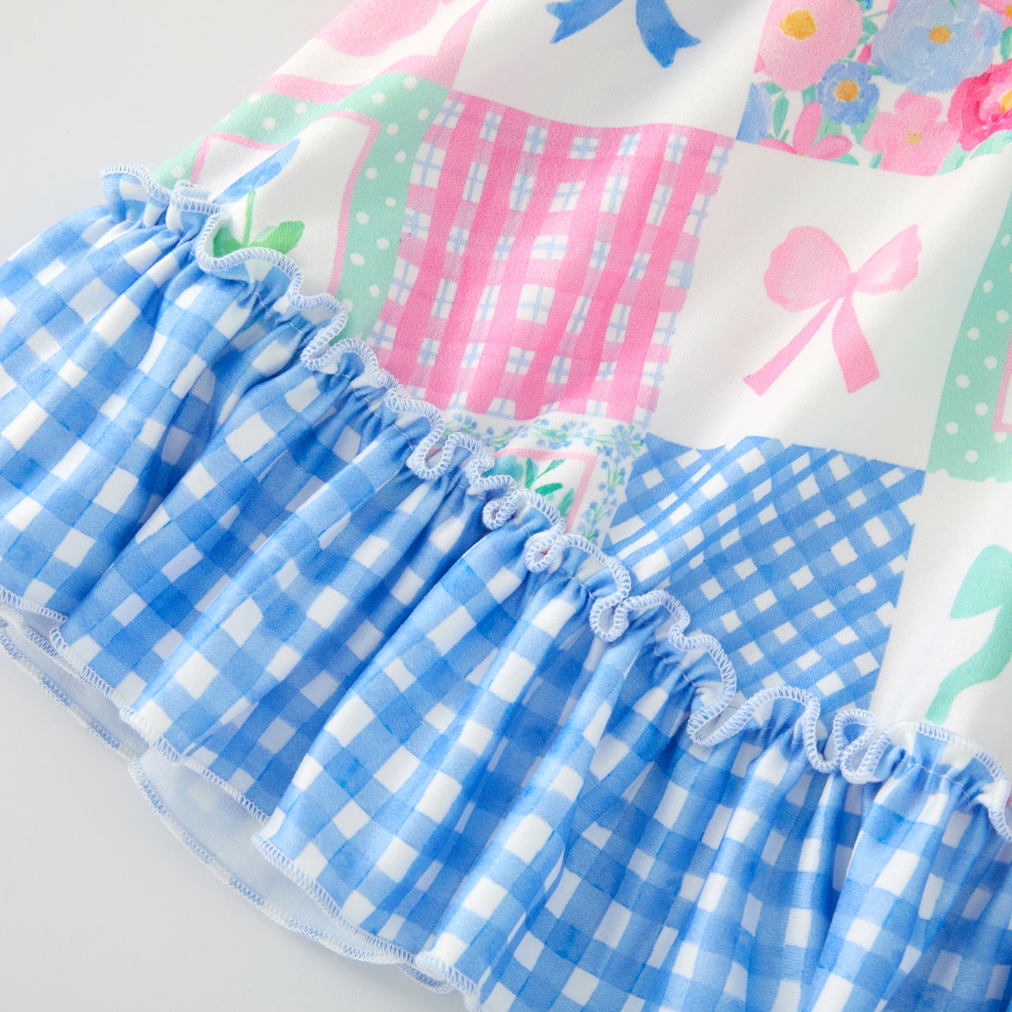 Girls Summer Blue Plaid Pink Bow Print Short Sleeves Dress