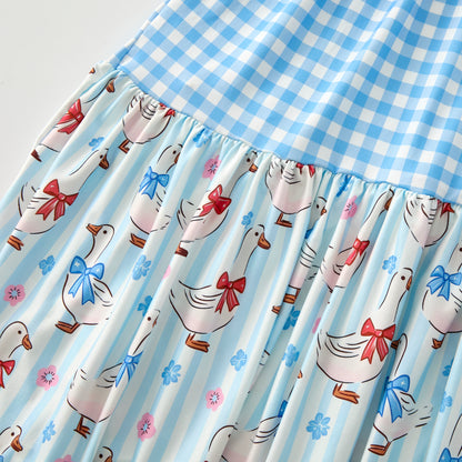 Girls Blue Plaid Floral Print Slip Pacthwork Maxi Dress