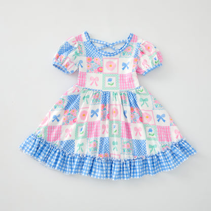 Girls Summer Blue Plaid Pink Bow Print Short Sleeves Dress
