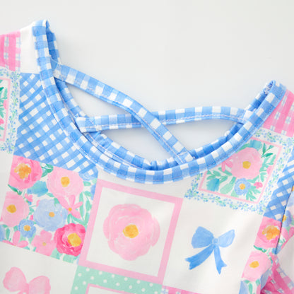 Girls Summer Blue Plaid Pink Bow Print Short Sleeves Dress