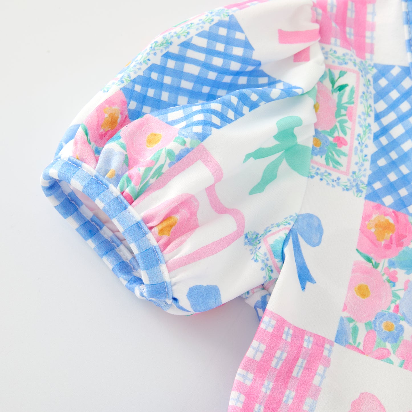 Girls Summer Blue Plaid Pink Bow Print Short Sleeves Dress