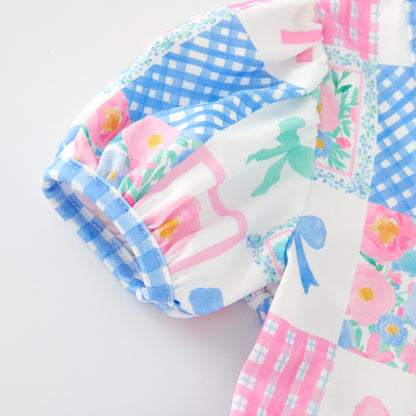 Girls Summer Blue Plaid Pink Bow Print Short Sleeves Dress