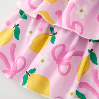 Girls Summer Pink Bow Lemon Print Athletic Ruffled Skirt Set