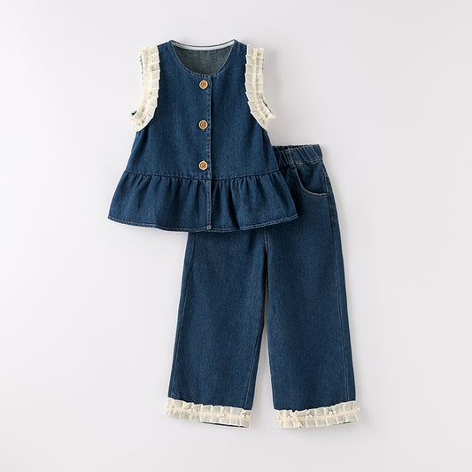 Girls' Soft Denim Sleeveless Vest & Lace Trim Pants Summer Set