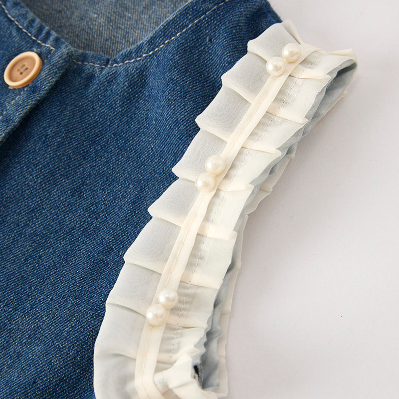 Girls' Soft Denim Sleeveless Vest & Lace Trim Pants Summer Set