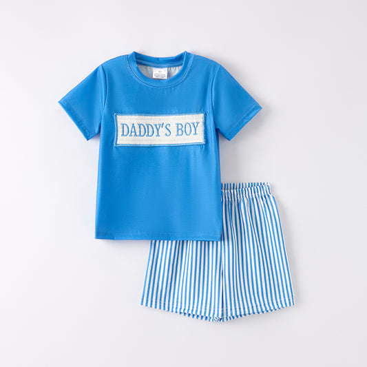 Father's Day Smocked "DADDY'S BOY" Blue Stripes Short Set