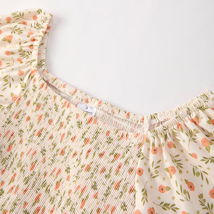 Women Fall Smocking Floral Print Patchwork Maxi Dress