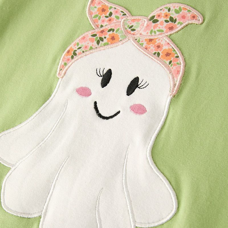 Girls Halloween Green Floral Ghost Applique Bell Pant Set