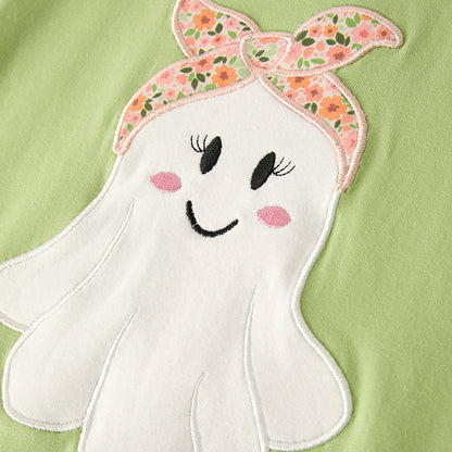 Girls Halloween Green Floral Ghost Applique Bell Pant Set