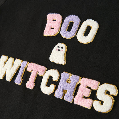 Girls Halloween BOO WITCHES Chenille Patch Black Purple Pant Set