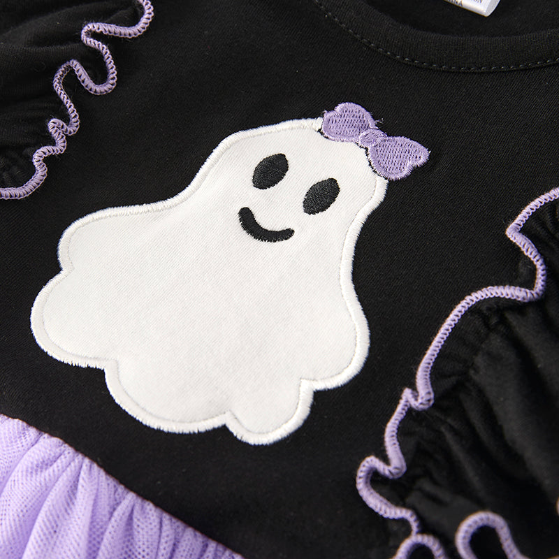 Girls Halloween Black Purple Ghost Applique Tulle Dress