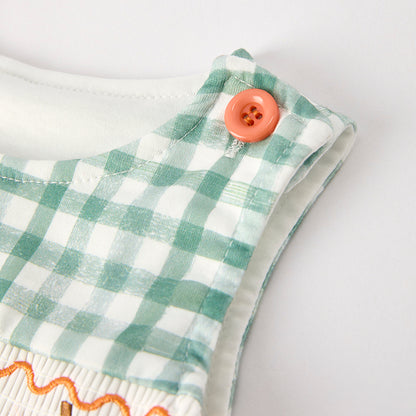 Baby Boy Halloween Pumpkin Embroidery Green Plaid Romper