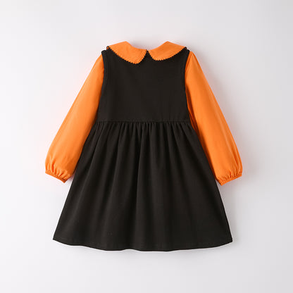 Girls Long Sleeves Cotton Dress Set-Halloween Ghost Applique Orange Black
