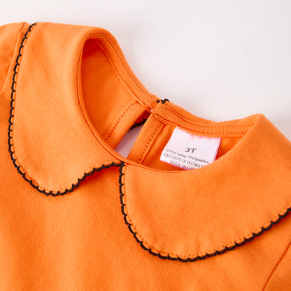 Girls Long Sleeves Cotton Dress Set-Halloween Ghost Applique Orange Black
