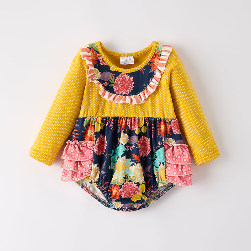 Baby Girls Mustard Floral Print Long Sleeves Ruffled Romper