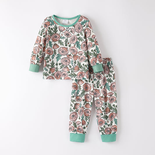 Girls Fall Autumn Green Pink Floral Print Pajamas Set