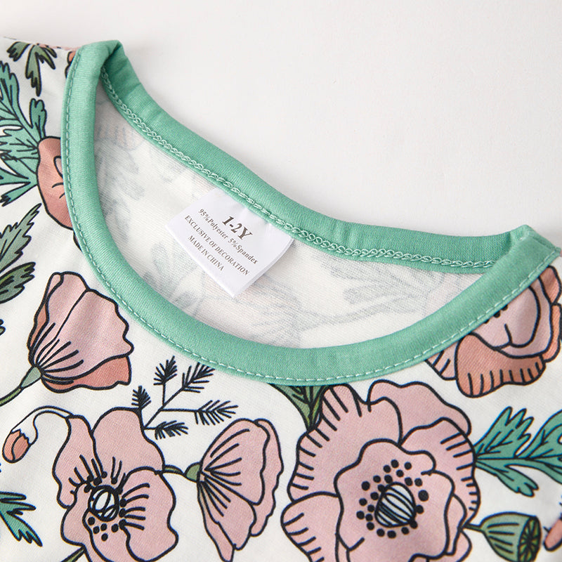 Girls Fall Autumn Green Pink Floral Print Pajamas Set