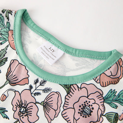 Girls Fall Autumn Green Pink Floral Print Pajamas Set
