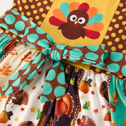 Girls Thanksgiving Turkey Print Slip Belt Dress
