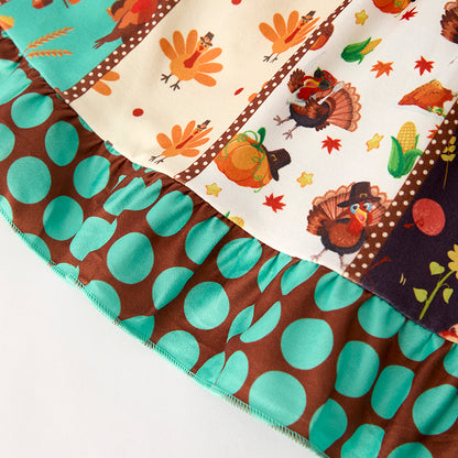 Girls Thanksgiving Turkey Print Slip Belt Dress