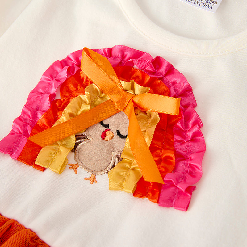 Girls Thanksgiving Turkey Embroidery Tulle Ruffled Pant Set