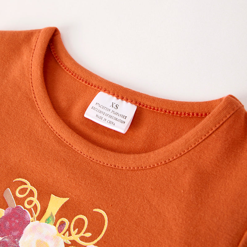 Girls Thanksgiving Pumpkin BE THANKFUL Print Cotton Top