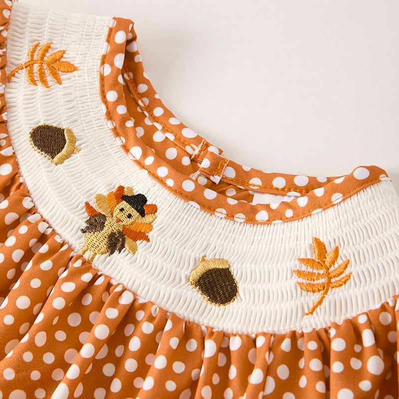 Girls Thanksgiving Fall Turkey Smock Embroidery Orange Dot Dress